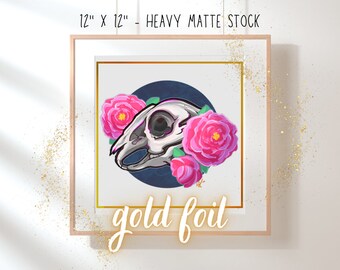 Rabbit Skull Art Print, Gold Foil Accents, Year of the Rabbit, 12x12