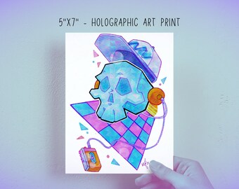 Vaporwave Skull : Holographic 5x7" art print - retrowave 80s nostalgia memento mori skulltober entry