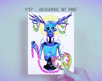 Wendigo : Holographic 5x7" art print - cryptid neon artwork - inktober/skulltober 2019 artwork reprint