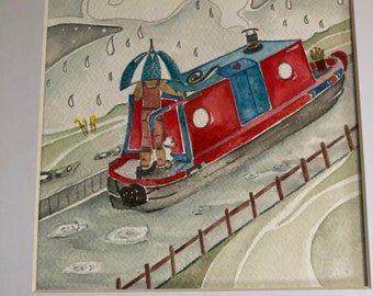 Original watercolour illustration 'rainy cruise' mounted.