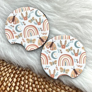 Boho Aesthetic Car Coasters Set of 2/ Vintage Boho Rainbow Car Accessories/ Car Decor for Present or Gift