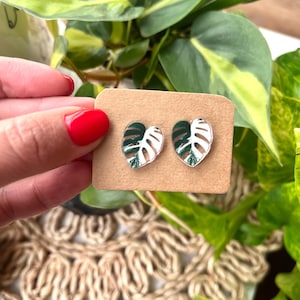 Handmade Monstera Leaf Earrings, Variegated Design, Hypoallergenic Posts