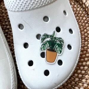 May include: White clog with a green and brown plant sticker on the top.