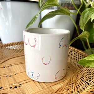 Small White Planter Pot, Body Positivity Rainbow Art, 3.5" Cylinder