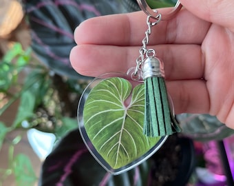 Philodendron Gloriosum Keychain with Tassel Charm, Acrylic Plant Keychain, Rare Tropical Plant Keychain, Houseplant Accessories for Purse