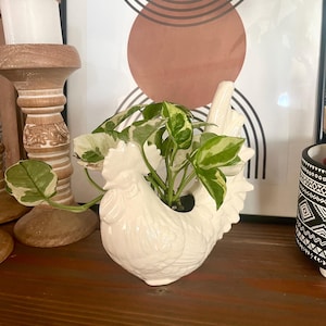 May include: A white ceramic hen-shaped planter filled with a green and white leafy plant. The planter has a detailed design and is placed on a wooden surface. The background includes a framed abstract art piece and other decorative items.