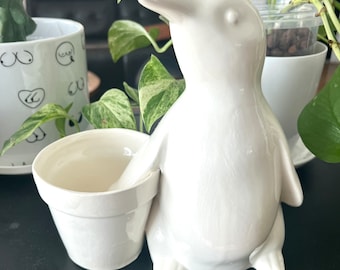 Ceramic Penguin Planter Pot/ Large Off-White Penguin Planter For Small Plants, Succulent And Cactus