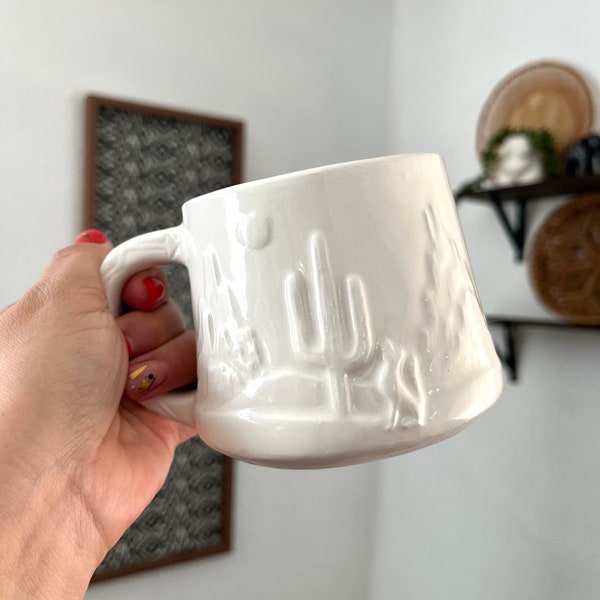 Handmade Boho Cactus Desert Scene Coffee and Tea Ceramic Mug/ Off-White Neutral Bohemian, Wild Western Scenery  Ceramic Cup For Gift