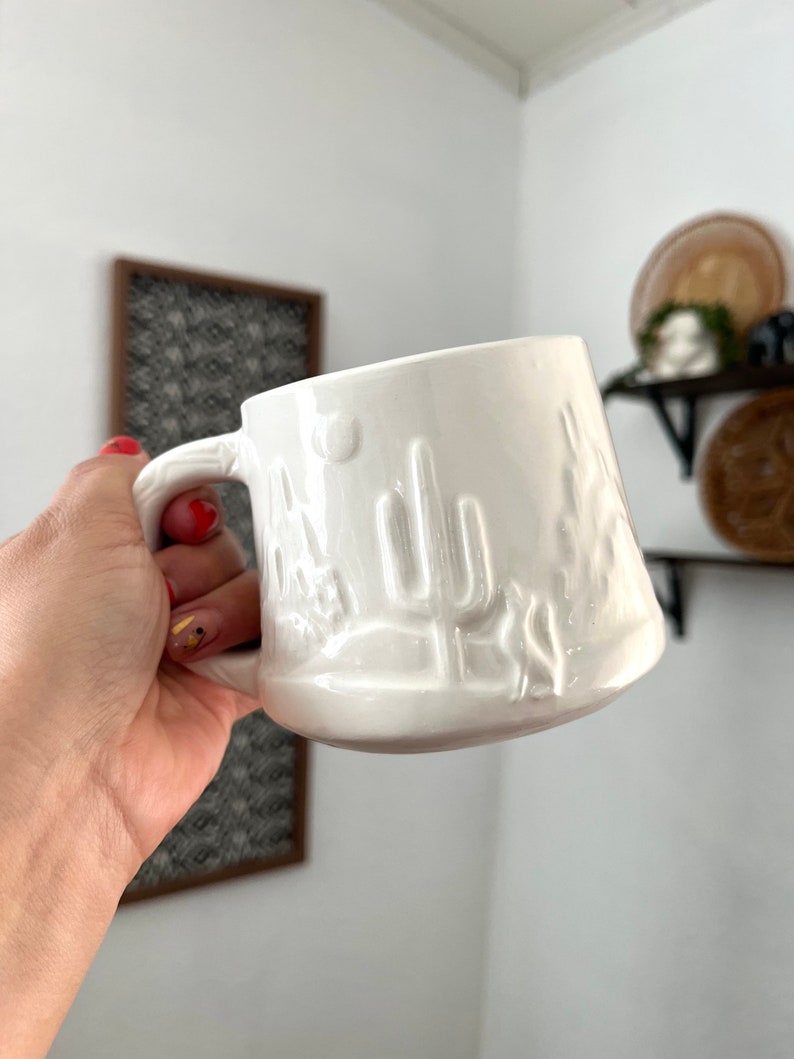 Handmade Boho Cactus Desert Scene Coffee and Tea Ceramic Mug/ Off-White Neutral Bohemian, Wild Western Scenery Ceramic Cup For Gift
