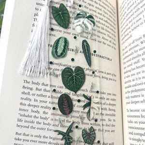 Pu&ograve; includere: Un segnalibro bianco con un fiocco, che presenta un design trasparente con foglie verdi pressate e le parole "Visibile e Indistruttibile".