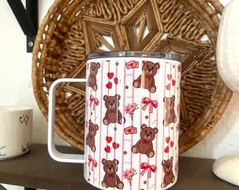 Coquette Bears and Bows Stainless Steel Mug, Valentine’s Theme 12oz Metal Coffee Mug