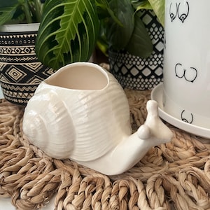 May include: White ceramic snail planter with a textured shell and a smooth, glossy finish. The planter is sitting on a woven straw mat.