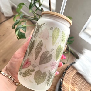 Rare Plant Leaves Frosted Glass Can Cup 16oz With Bamboo Lid and Plastic Straw, Aroid Lover Glass Cup For Cold And Hot Drinks