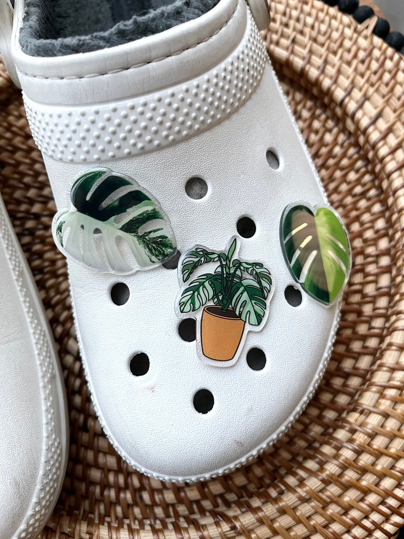 May include: White clogs with three plant-themed stickers. The stickers feature a potted plant, a large leaf, and a smaller leaf.