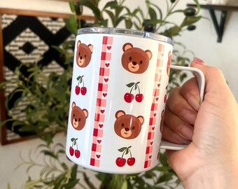 Bears and Cherries Travel Mug, Valentine’s day Stainless Steel Coffee or Tea Mug, 12oz