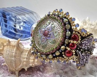 Lacy Glass Jewel Button Bead Embroidered Cuff