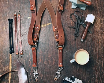 Dual Camera Harness Real Full Grain Leather Multicamera Harness Brown
