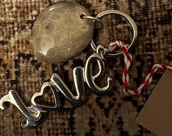 Lake Michigan Polished Petoskey stone keychain