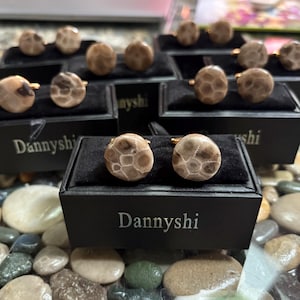 Petoskey Stone men’s gold cuff links wedding and floral beachwear