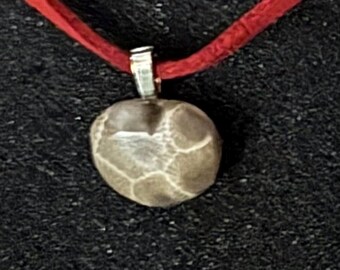 Polished Petoskey Stone Necklace on 18” red leather cord