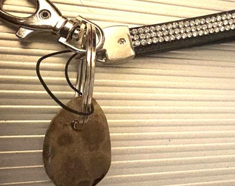 Lake Michigan Polished Petoskey stone keychain  on black bling wrist strap
