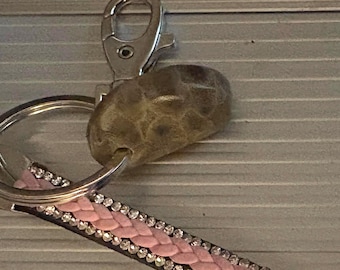 Lake Michigan Polished Petoskey stone keychain  on bling pink wrist strap
