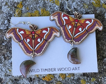 Atlas Moth Earrings with Moss Agate