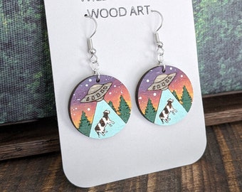 UFO Earrings - Big Foot Earrings - Alien Abduction - Sasquatch Earrings - Space Jewelry - Wooden Earrings - Cosmic Jewelry - Hand Painted
