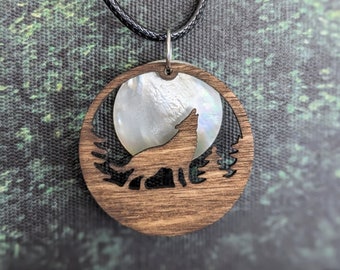 Wolf Howling at the Moon Wooden Necklace - Mother of Pearl Shell