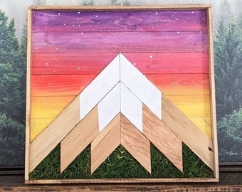 Wooden Mountain Wall Art - Moss Wall Art - Reclaimed Wood Art - Rustic Wood Mountain Wall Art - Cabin Decor - Mossy Mountain - Cosmic Sky