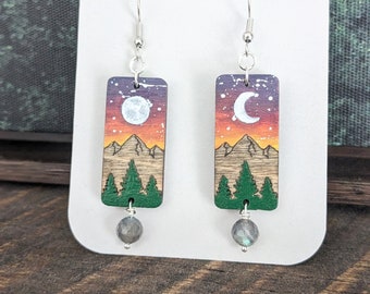 Blue Labradorite - Mountain Earrings - Wilderness Earrings - Lunar Phases - Moon Earrings