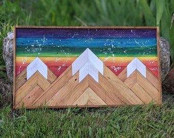 Rainbow Mountains - Mountain Wood Wall Art - Reclaimed Wood Wall Art - Wooden Mountain Wall Art - Rainbow Sunrise
