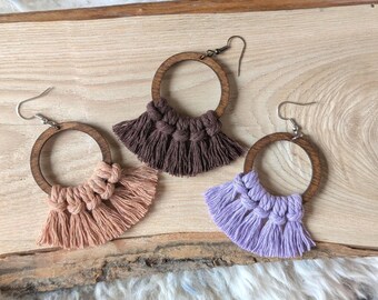 Wood Hoop Macrame Earrings