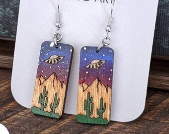 Desert UFO Earrings - Alien Earrings - Mountain Earrings - Space Jewelry - Wooden Earrings - Cosmic Jewelry - Hand Painted