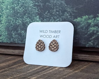 Pinecone Earrings - Nature Earrings - Wooden Jewelry - Outdoorsy Gift - Wooden Stud Earrings - Pinecone Studs