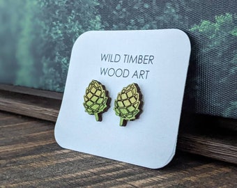 Hops Earrings - Beer Lovers Gift - Brewers Hops - Wood Jewelry - Wooden Stud Earrings - Hops Studs