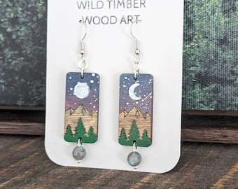 Blue Labradorite Mountain Earrings – Hand-Painted Wooden Lunar Jewelry