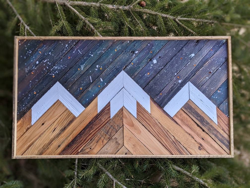 Cosmos Light Up Mountain Art WARM Lights Reclaimed Wood Wall Art