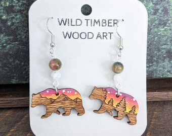 Aurora Bear Earrings - Moonstone and Rainbow Tiger's Eye - Neon Northern Lights