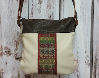Various Cream, Beige, Gray, and Brown Leathers with Woven Textile CrossBody Festival Shoulder Bag Adjustable Strap