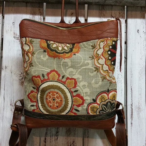 Boho Backpack Cinnamon Brown Leather Vintage Textile Rucksack Shoulder Bag