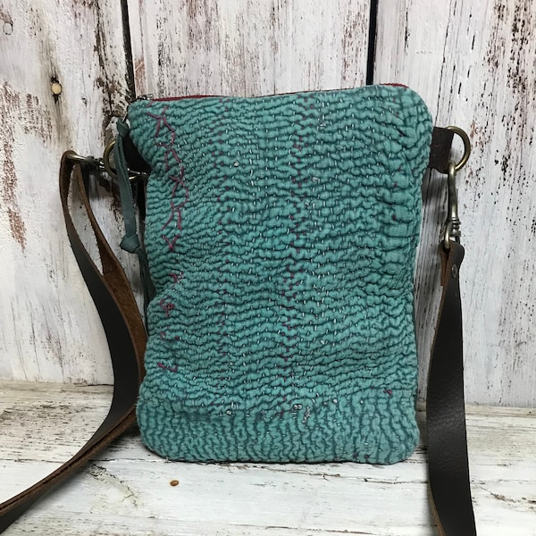 Boho Distressed Crazy Horse Teal Brown Leather Vintage Kantha Cloth Festival Essentials Crossbody Bag Adjustable Strap