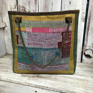 Gran Boho Sage Golden Crazy Horse cuero Vintage Kantha tela Tote cartera llevar todo doble asa llevar