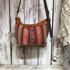 Boho Mixed Brown Leather w Peruvian Vintage Textile Crossbody Shoulder Bag w Adjustable Strap