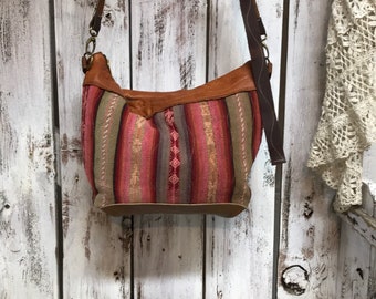 Boho Mixed Brown Leather w Peruvian Vintage Textile Crossbody Shoulder Bag w Adjustable Strap