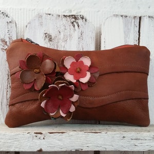 Mahogany Brown Leather Hand Cut Leather Flowers Zippered Pouch Clutch