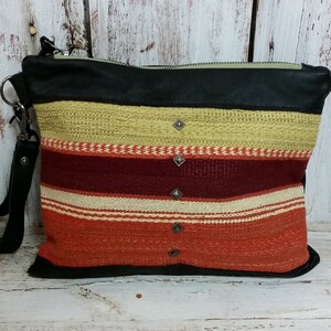 Earthtone Textile Black Leather Pouch Essentials Phone Clutch Wristlet