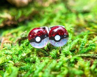 6mm // Poké Ball Resin Surgical Steel Stud Earrings // Hand Painted Jewelry // Geometric Studs // Circle Earrings // Pokémon Inspired
