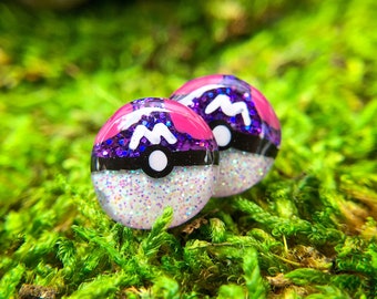 12mm // Master Ball Resin Glitter Stud Earrings // Hand Painted // Surgical Steel // Geometric Jewelry // Dot Earrings // Pokémon Inspired
