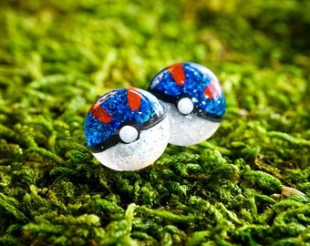 9mm // Great Ball Resin Glitter Stud Earrings // Hand Painted // Surgical Steel // Geometric Jewelry // Dot Earrings // Pokémon Inspired